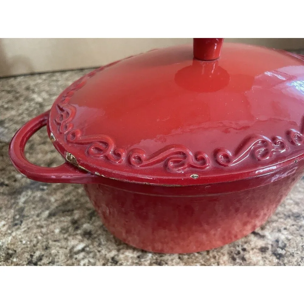 Vintage Red Enamel Cast Iron Dutch oven with Lid Double Handle